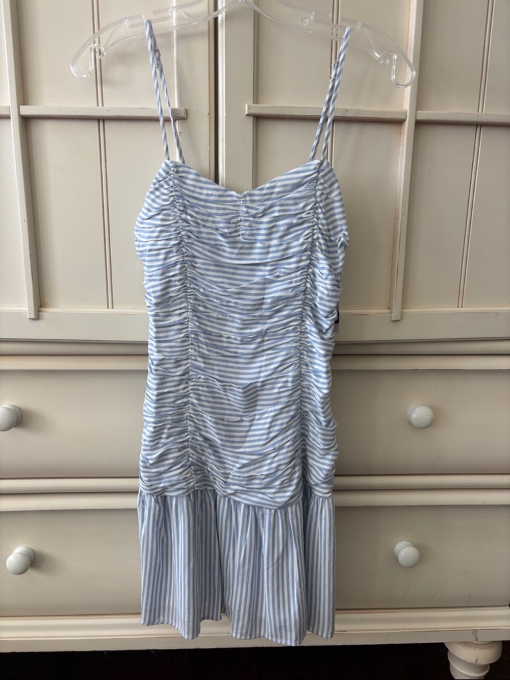 Kohl's Light Blue and White Striped Ruched Mini Dress